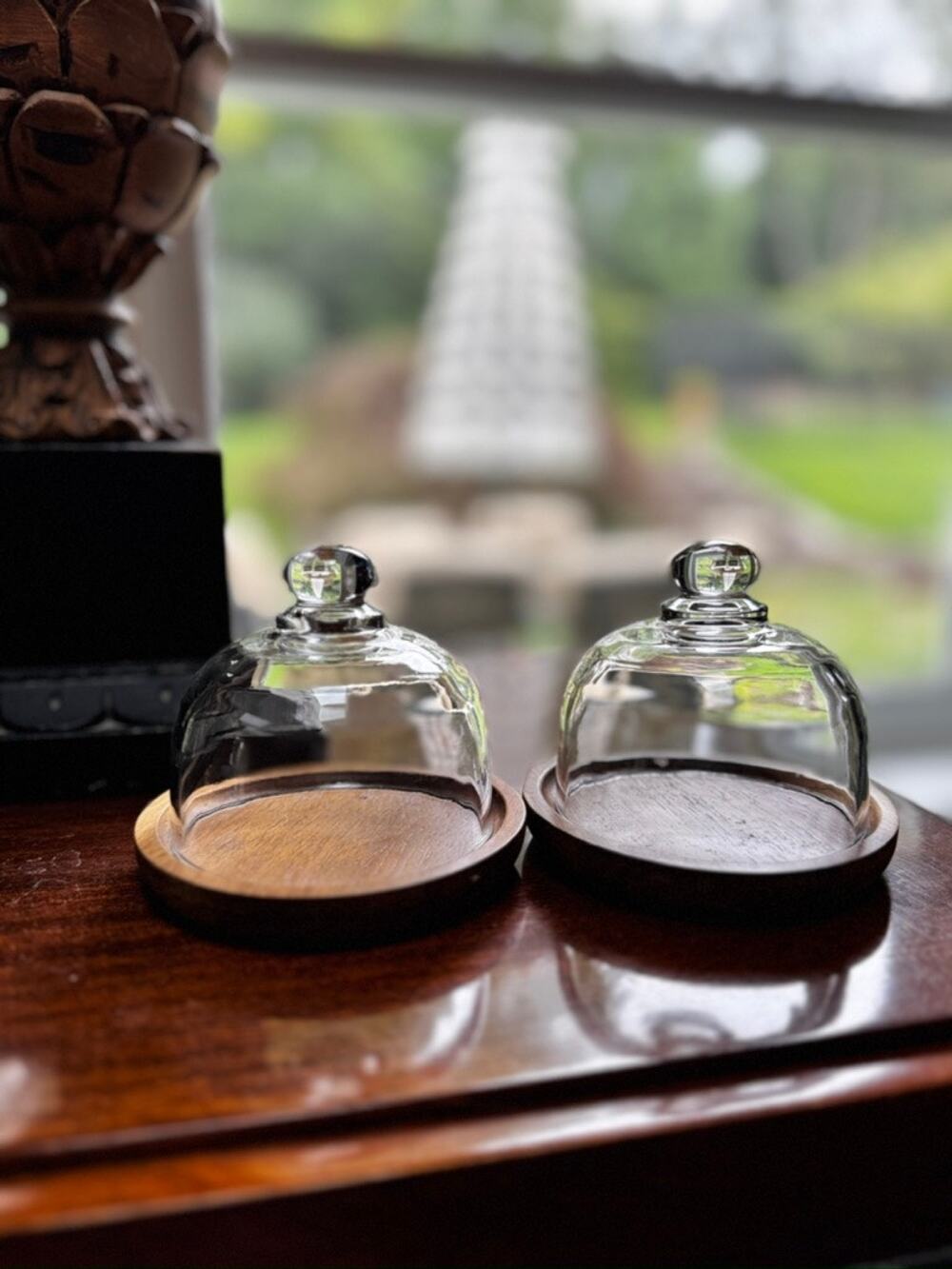 Pair Mini Glass Cloche Cupcake Domes Wood Base 4" Small Cheese Butter Servers